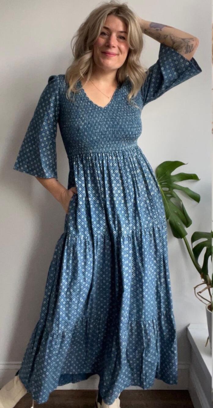 Christy Dawn Indigo Block Print Basil Midi dress